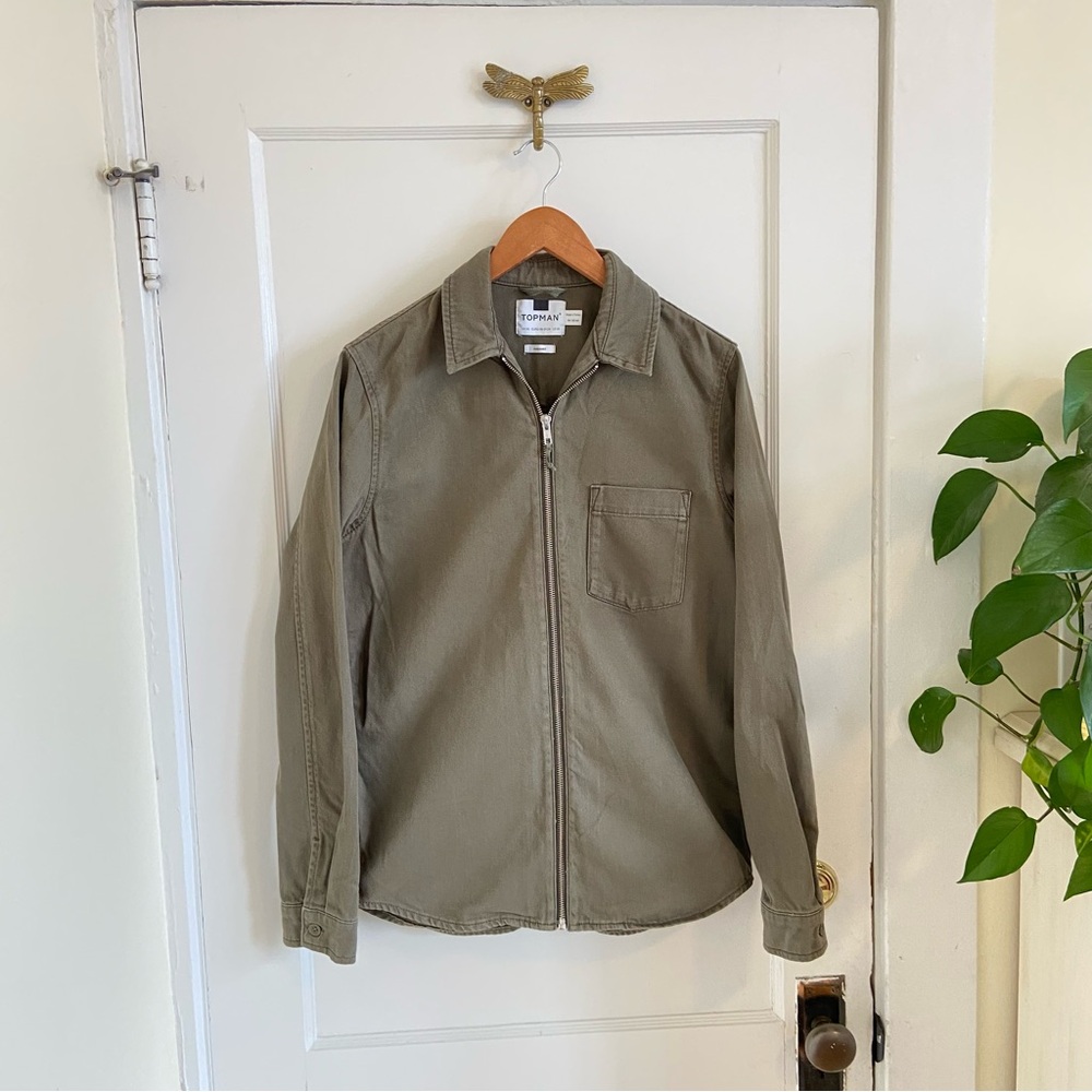 TOPMAN Zip Up Cotton Overshirt Olive Green Minimalist Capsule Jacket XS